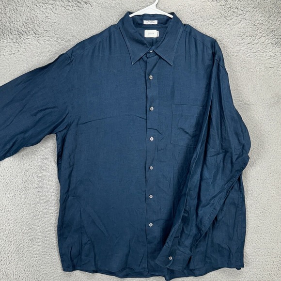 J Crew Mens Dress Shirt 16.5-17 Blue Button Up Long Sleeve Pocket 100% Linen